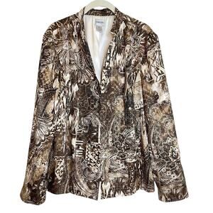 Chicos Womens Jacket Size 2 US L Brown Black Abstract Paisley Silk Blend Blazer